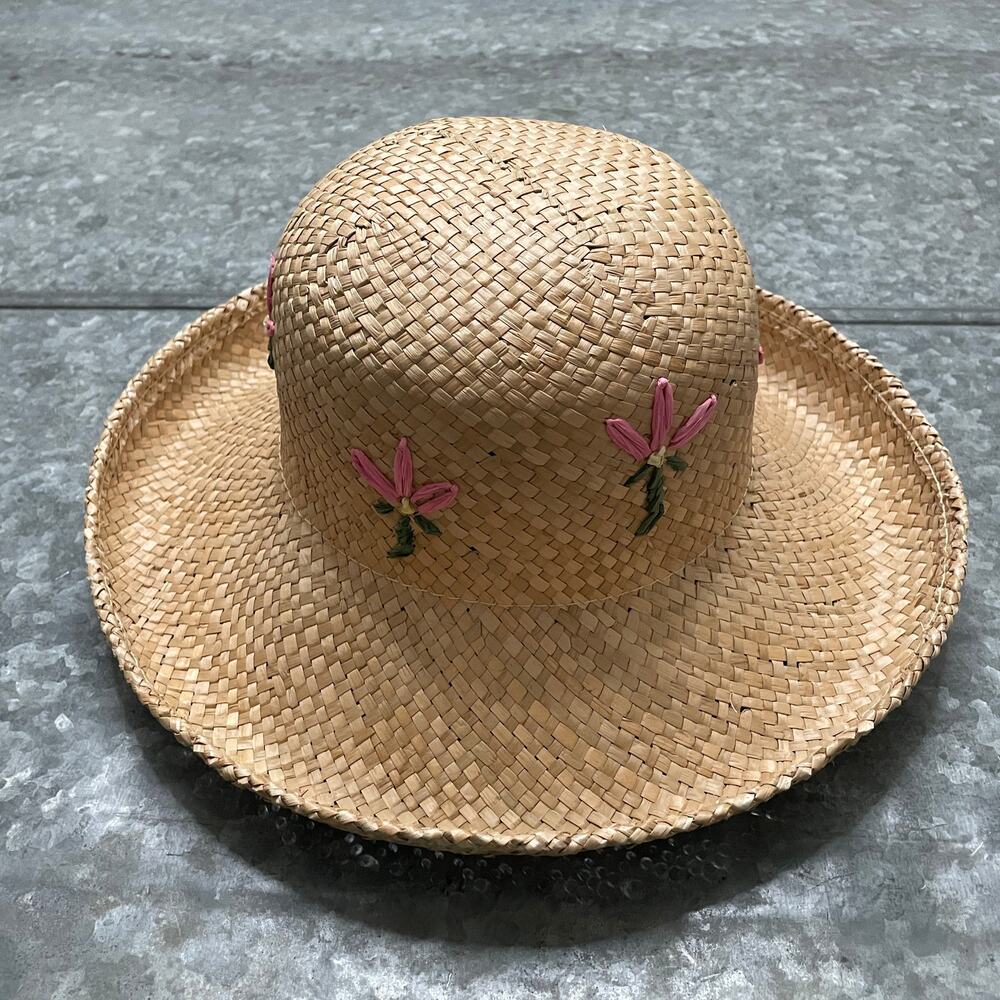 Vintage Floral Straw Top Boater Hat Pink Flowers Womens Boho Cottage